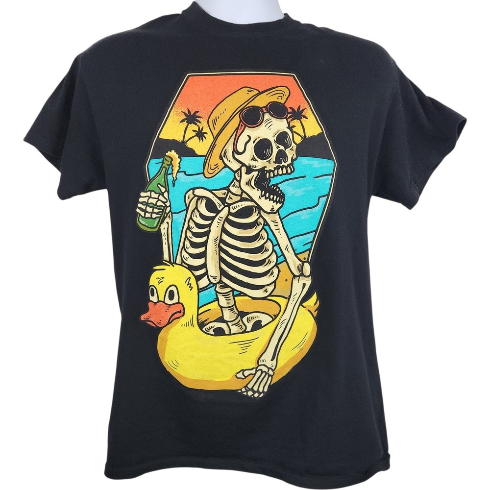 Neon‎ Riot T Shirt Sz M Skeleton Holding Beer Duck Float Graphic Black Vacation